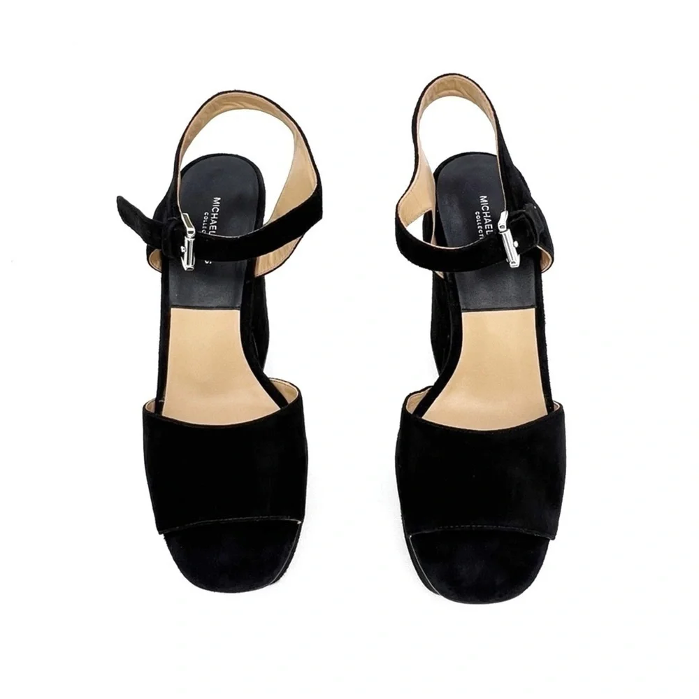 Michael Kors Collection Harley Platform Sandal Chunky Heels Black Suede Size 7.5